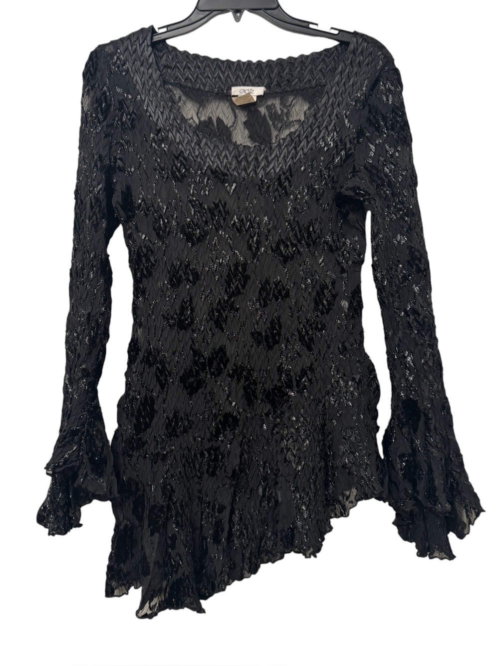 Cache Vintage Y2K Black Textured Ruffle-Hem Long Sleeve Top
